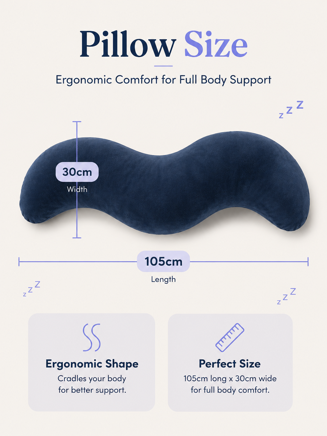 Bedfellow pillow dimensions, 105cm long by 30cm wide